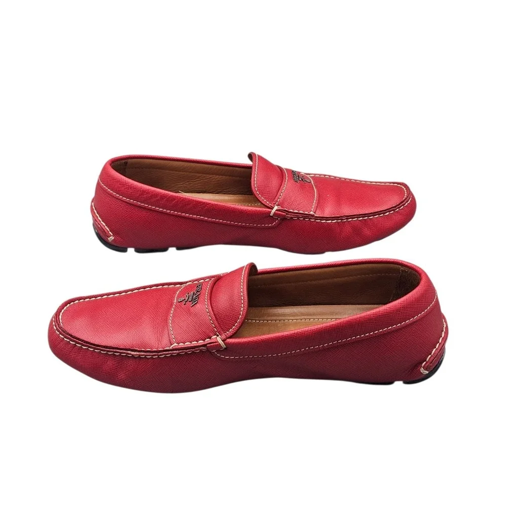 PRADA Men's Size 10.5 US EUC Red Leather Driving Loafers Drivers Shoes W Box &..